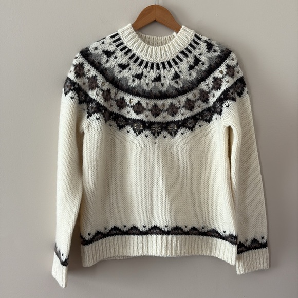New LOFT Fair Isle Embellished Crewneck Sweater Wool Alpaca Blend Size L - Picture 10 of 10
